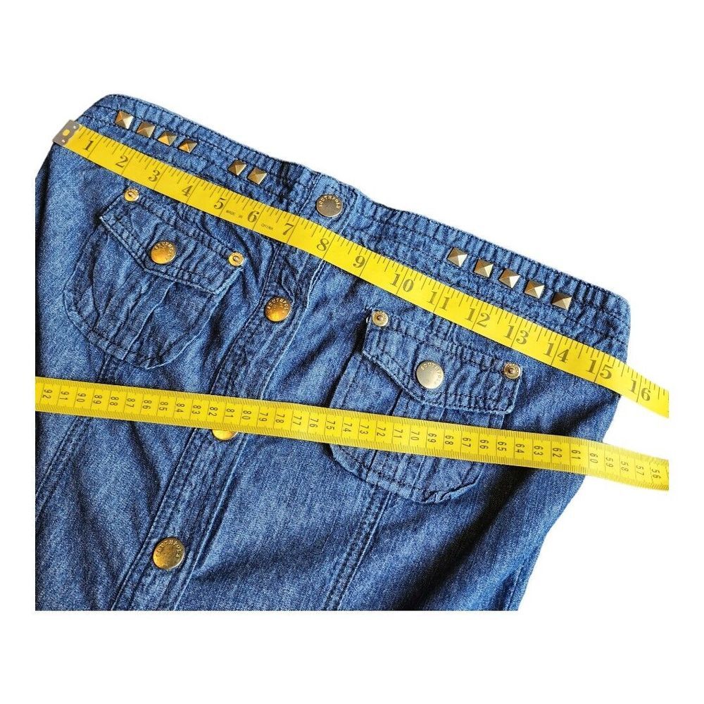 Womens Southpole Blue‎ Denim Romper Jumper Sz Medium Gold Sequin Y2K Shorts Logo - Picture 10 of 13